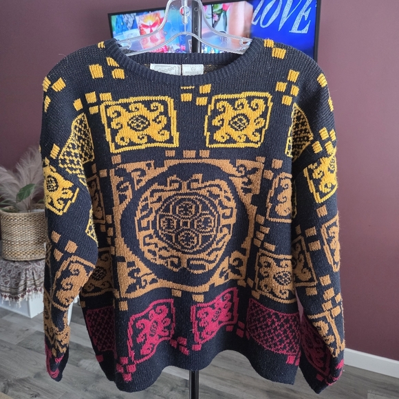 Vintage Geometric Knit Sweater Oversized Streetwear Colorblock 90s Pullover - Picture 2 of 5